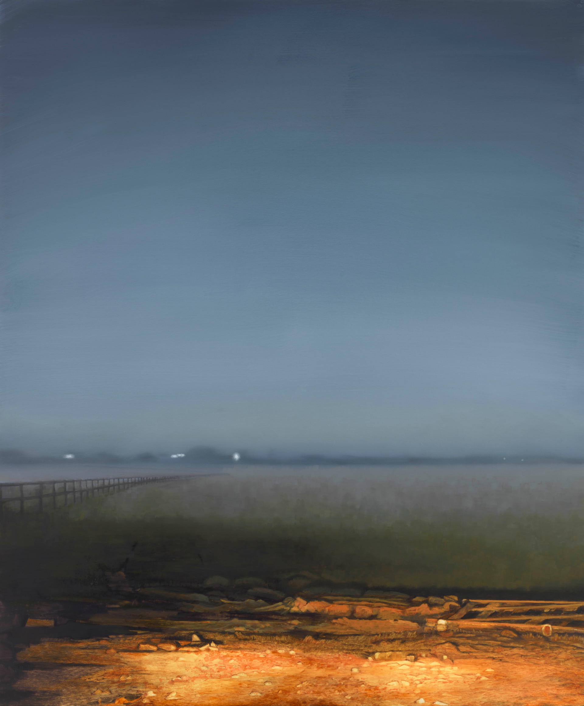 Atmospheric landscape painting of a field, with distant lights glowing beneath a vast deep blue sky. A rough illuminated foreground with a discarded gate and a long fence line disappears into mist, creating a quiet sense of distance and solitude.contemporary landscape by Victoria Orr Ewing
