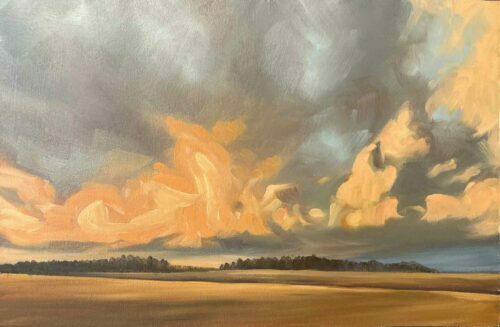 Coral Clouds In The Cotswolds. Plein Air landscape Painting by Victoria Orr Ewing
