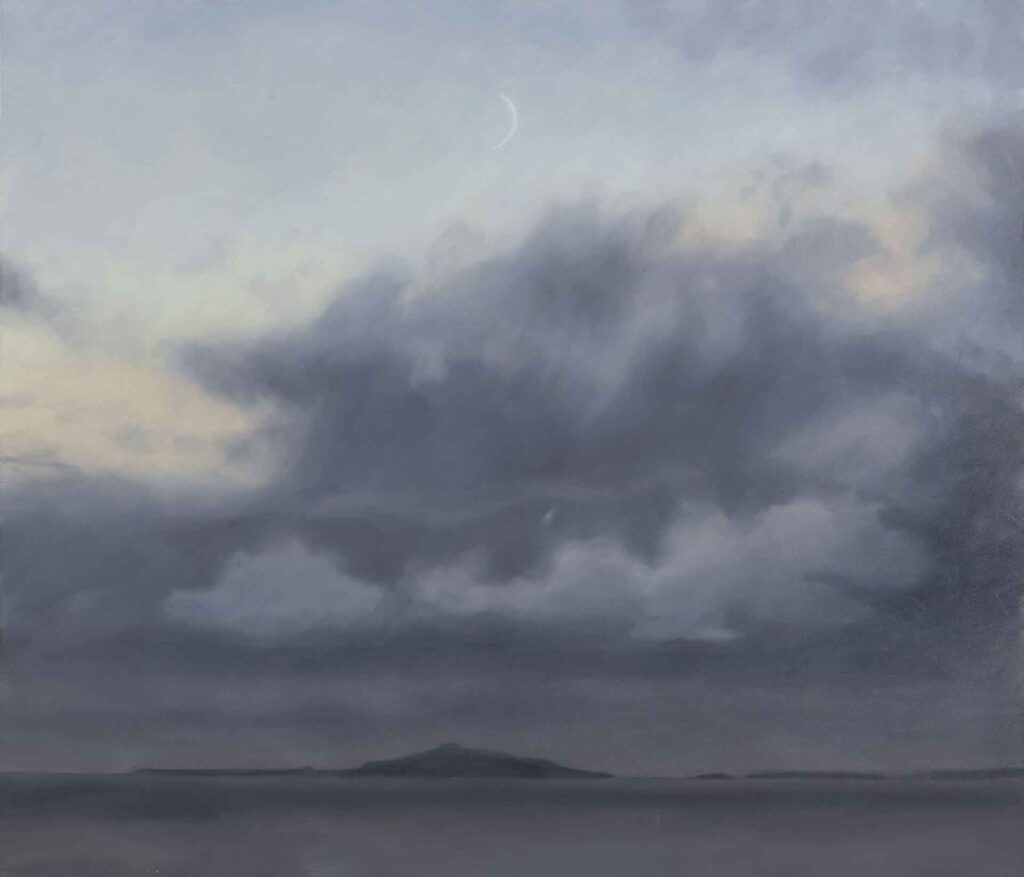 New Moon Over Staffa, Isle of Mull. Landscape Painting by Victoria Orr Ewing