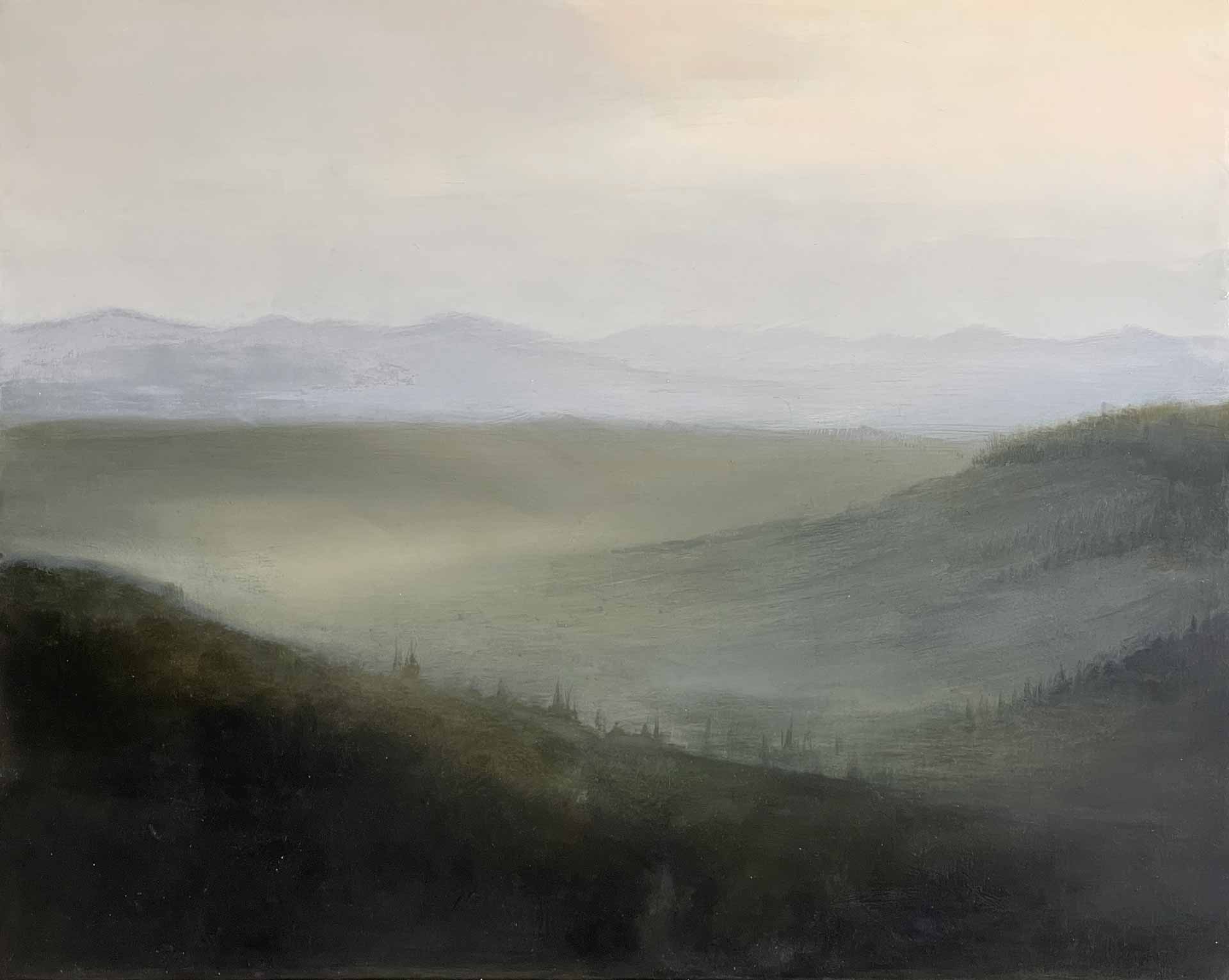 Umbrian Dawn, Lippiano. Landscape Oil Painting of Dawn Over A Valley In Italy By Victoria Orr Ewing