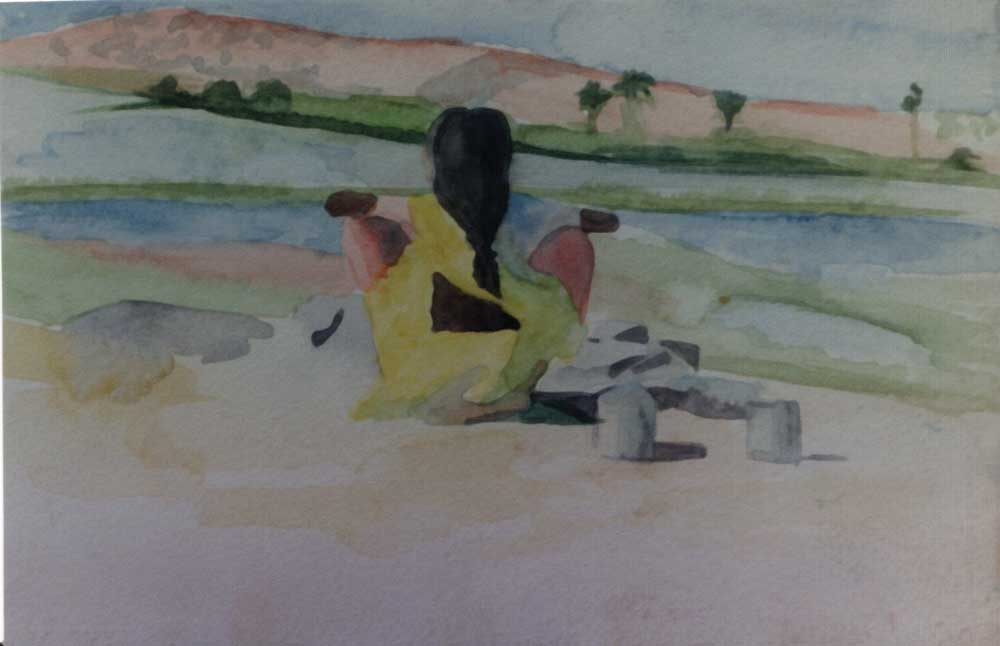 Sketch of Indian Woman Cooking in Hampi